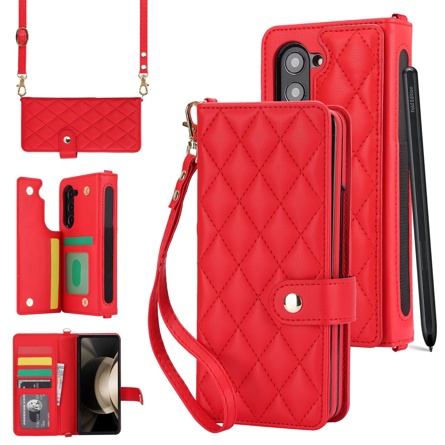 Galaxy Z Fold3 Multi-Functional Leather Wallet Case for Samsung Z Fold Series - Crossbody with Pen Slot, Quilted Design Pen Not Included