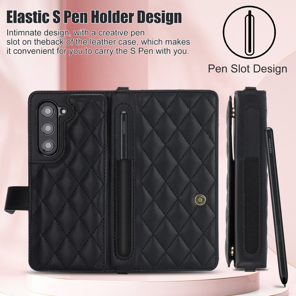 Galaxy Z Fold4 Multi-Functional Leather Wallet Case for Samsung Z Fold Series - Crossbody with Pen Slot, Quilted Design Pen Not Included