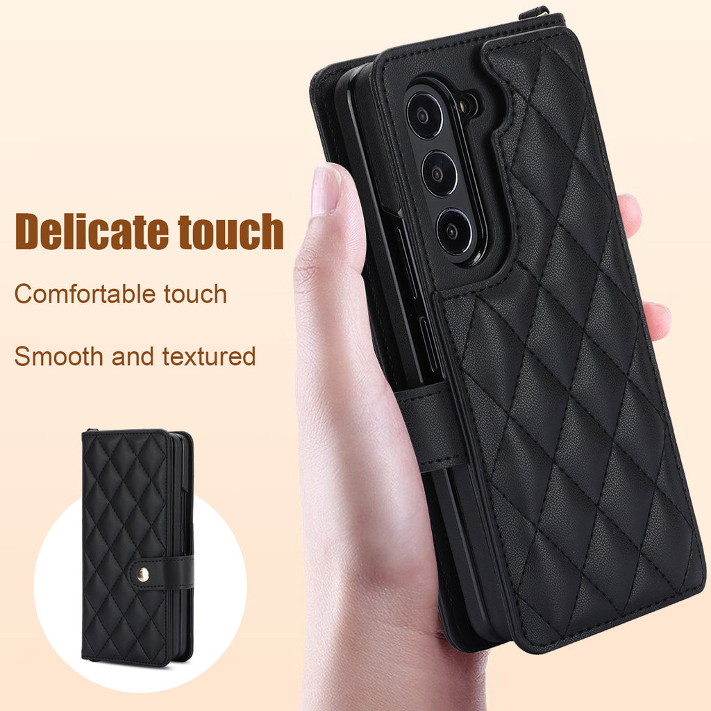 Purple Galaxy Z Fold5 Multi-Functional Leather Wallet Case for Samsung Z Fold Series - Crossbody with Pen Slot, Quilted Design Pen Not Included