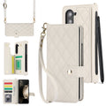 White Galaxy Z Fold5 Multi-Functional Leather Wallet Case for Samsung Z Fold Series - Crossbody with Pen Slot, Quilted Design Pen Not Included