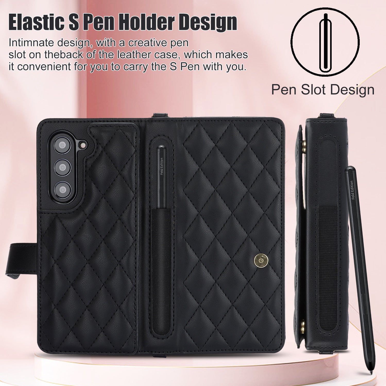 Rose Gold Galaxy Z Fold4 Multi-Functional Leather Wallet Case for Samsung Z Fold Series - Crossbody with Pen Slot, Quilted Design Pen Not Included