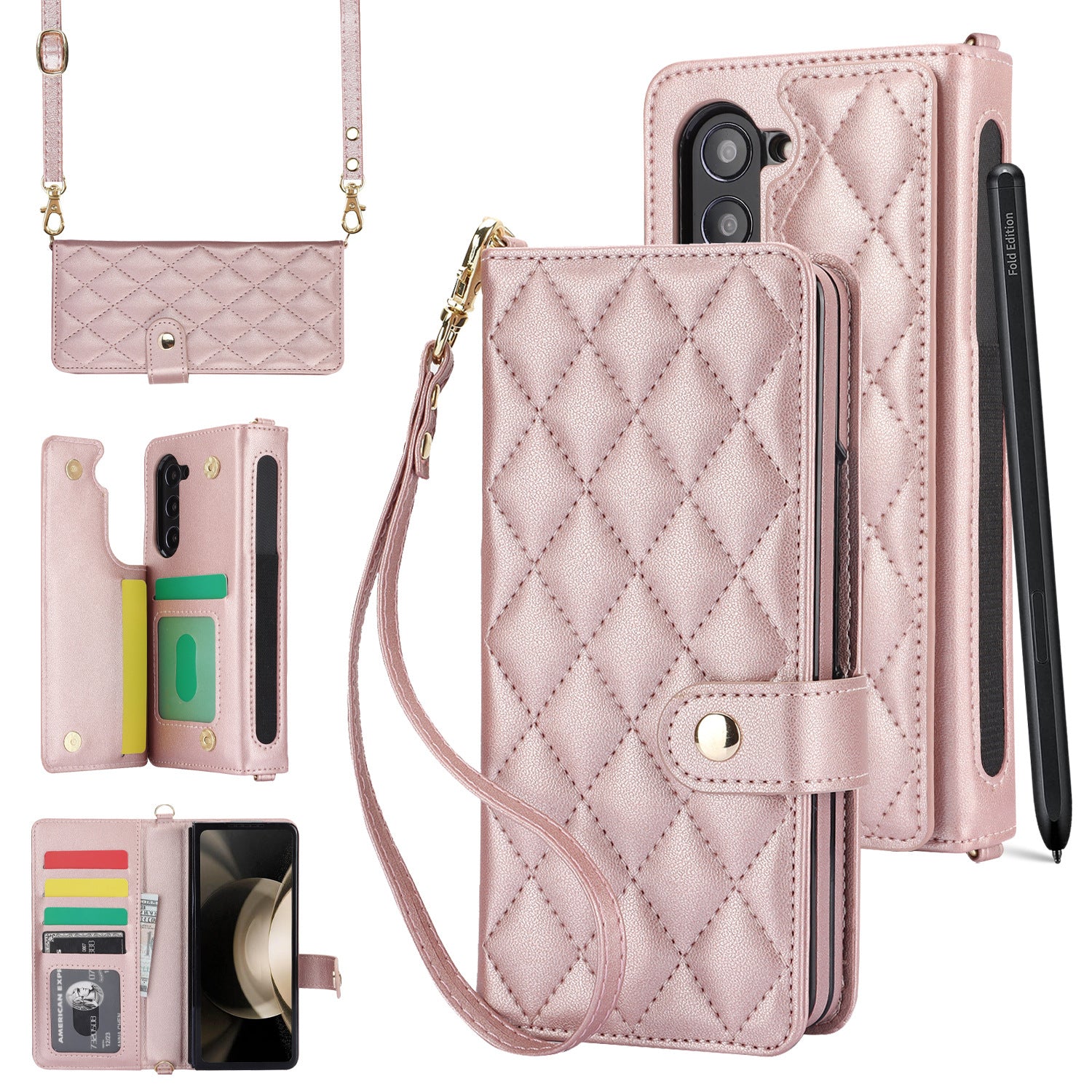 Rose Gold Galaxy Z Fold6 Multi-Functional Leather Wallet Case for Samsung Z Fold Series - Crossbody with Pen Slot, Quilted Design Pen Not Included
