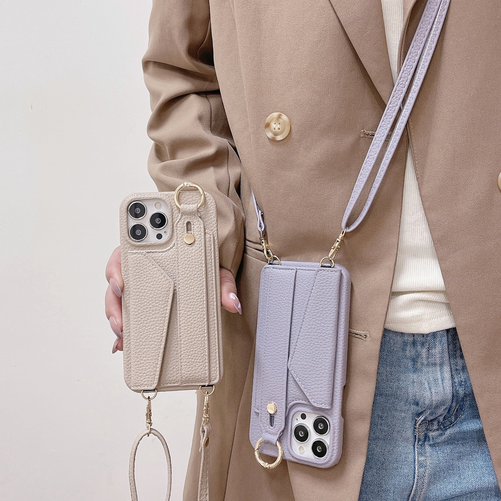 Black Chic PU Leather Crossbody Wallet Case for iPhone 16 Pro - Card Holder with Detachable Strap & Finger Ring Grip