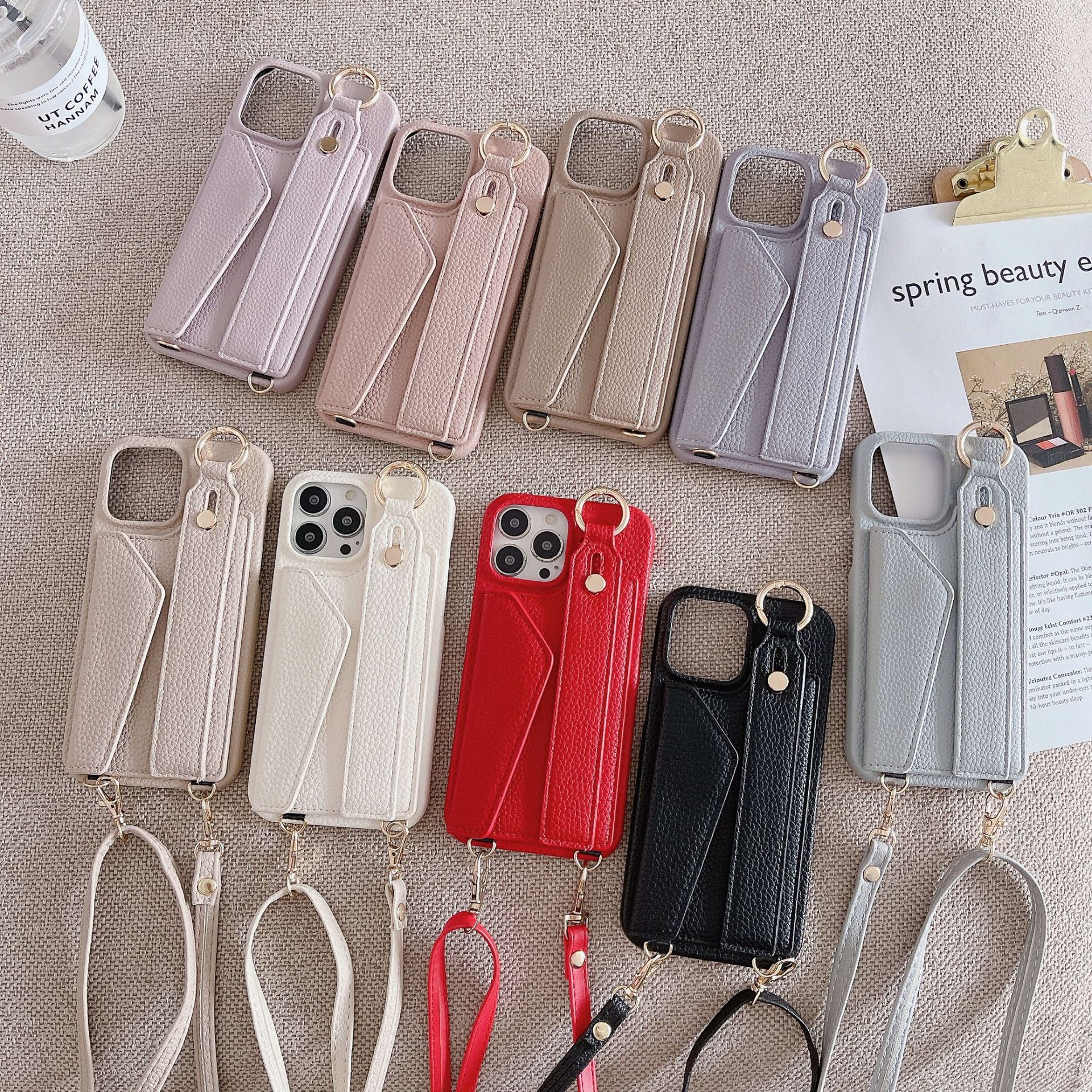 Red Chic PU Leather Crossbody Wallet Case for iPhone 16 Pro - Card Holder with Detachable Strap & Finger Ring Grip