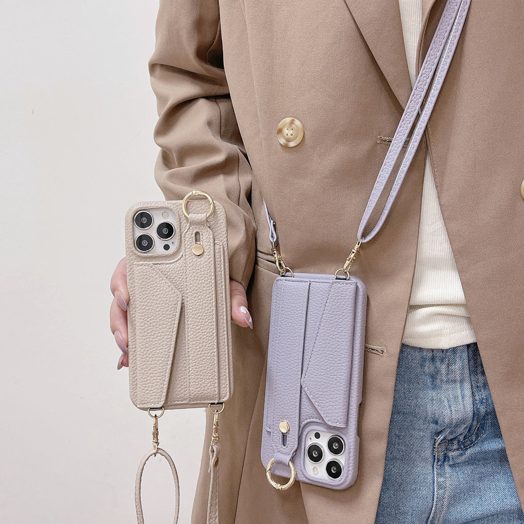 Beige Chic PU Leather Crossbody Wallet Case for iPhone 16 Pro - Card Holder with Detachable Strap & Finger Ring Grip