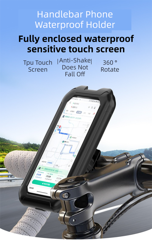 Black Bicycle Waterproof Phone Holder - Handlebar Mount with Sensitive Touch Screen, Anti-Drop & 360° Rotation Case for Navigation (Up to 7-inch Phones)