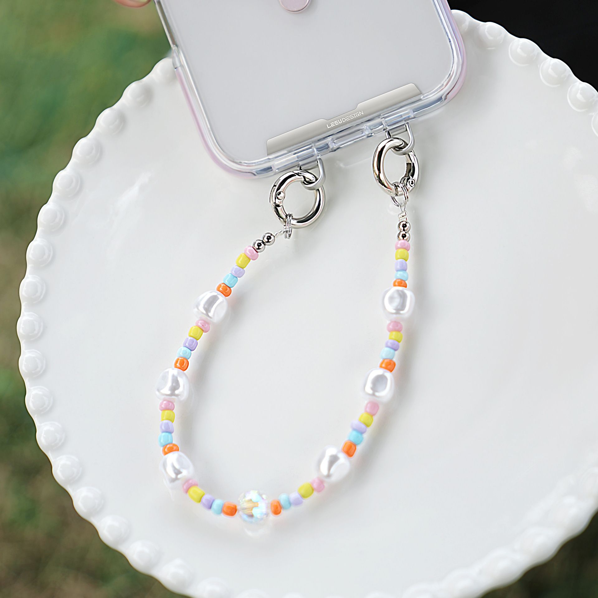 YKA-10 Trendy Double-Clasp Beaded Phone Wrist Strap - Colorful Acrylic & Metal Anti-Loss Lanyard with Spacer Gift