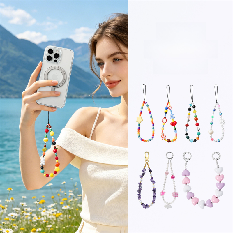 YKA-13 Trendy Double-Clasp Beaded Phone Wrist Strap - Colorful Acrylic & Metal Anti-Loss Lanyard with Spacer Gift