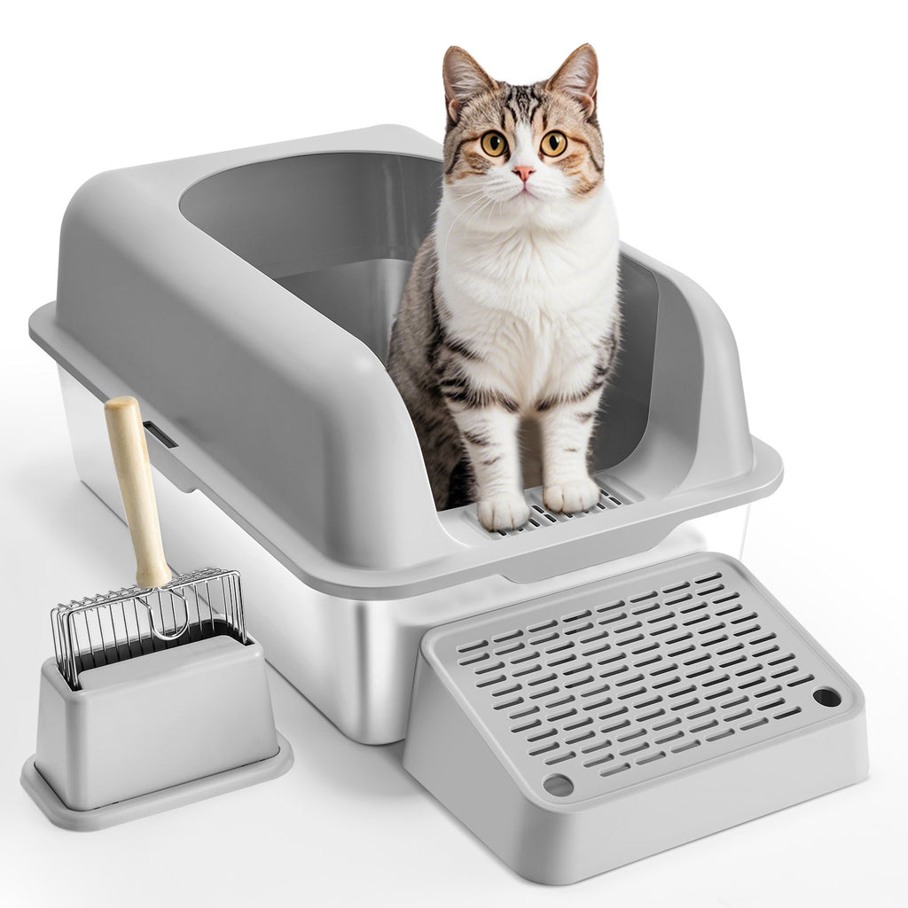Cat Litter Box, 152 mm Deep, XL Extra Large Stainless Steel Cat Litter Box with Scoop, Wide Filtering Foot Board & High Sides, Enclosed Odor-Free Easy-to-Clean Litter Box, Fit for Big Cats