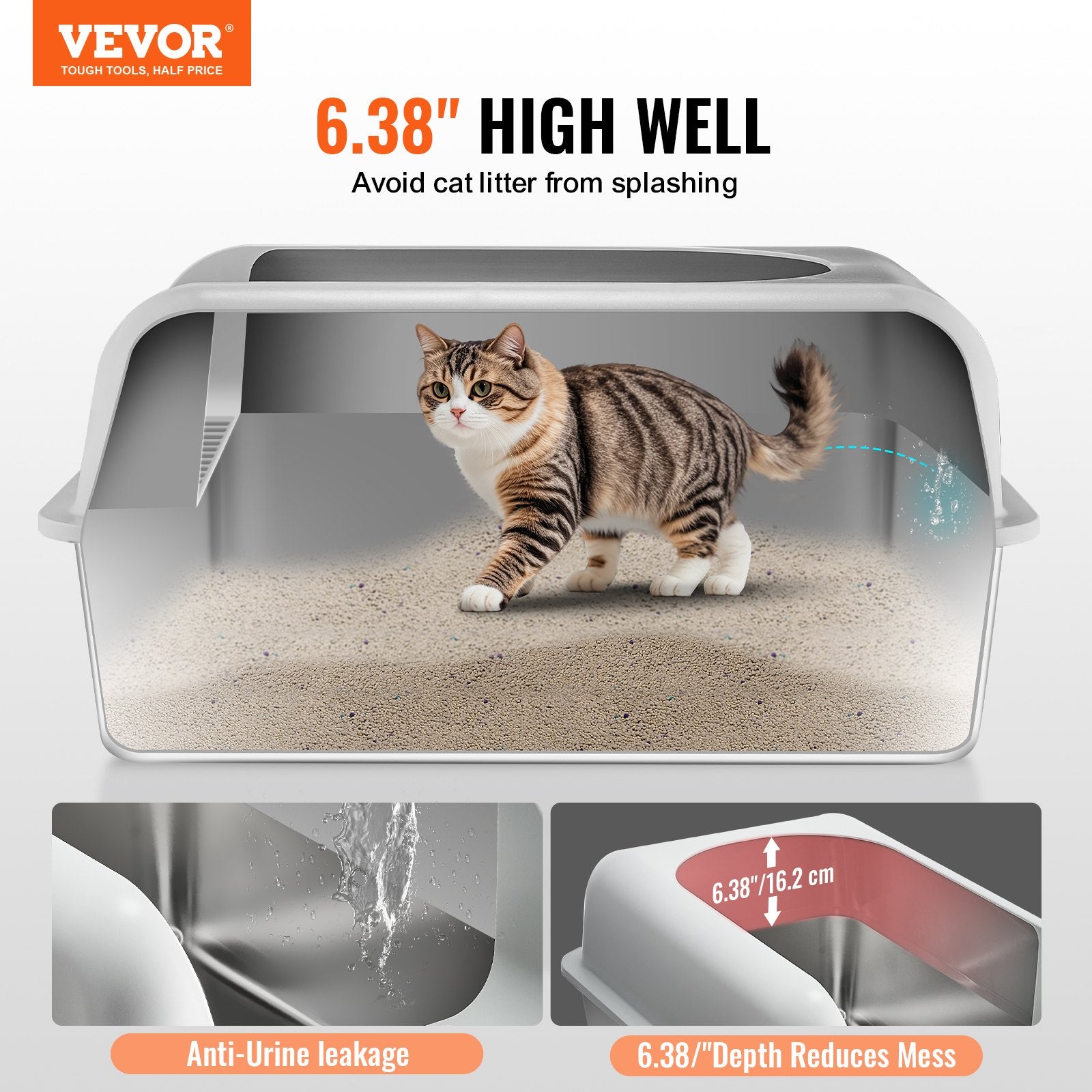 Cat Litter Box, 152 mm Deep, XL Extra Large Stainless Steel Cat Litter Box with Scoop, Wide Filtering Foot Board & High Sides, Enclosed Odor-Free Easy-to-Clean Litter Box, Fit for Big Cats