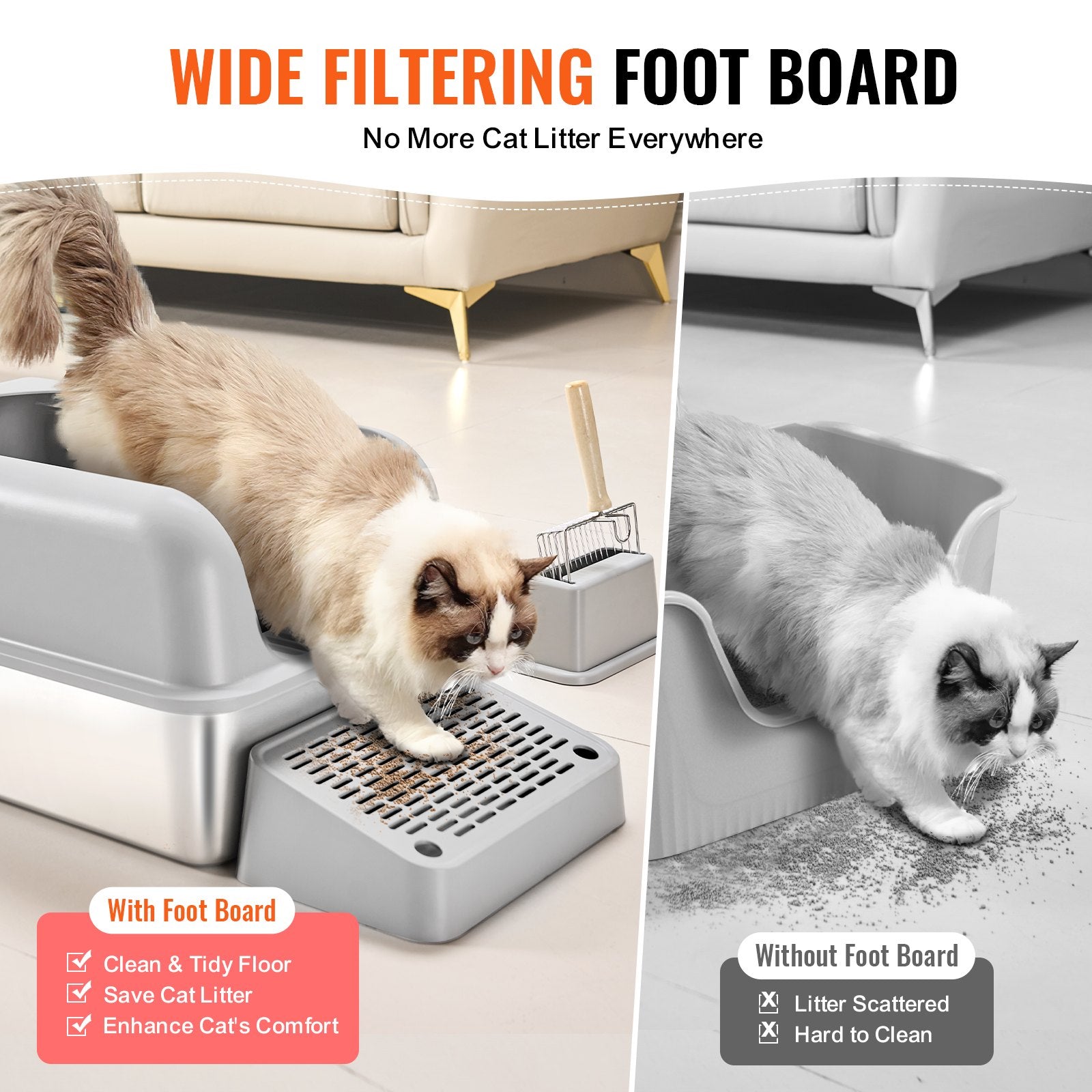 Cat Litter Box, 152 mm Deep, XL Extra Large Stainless Steel Cat Litter Box with Scoop, Wide Filtering Foot Board & High Sides, Enclosed Odor-Free Easy-to-Clean Litter Box, Fit for Big Cats