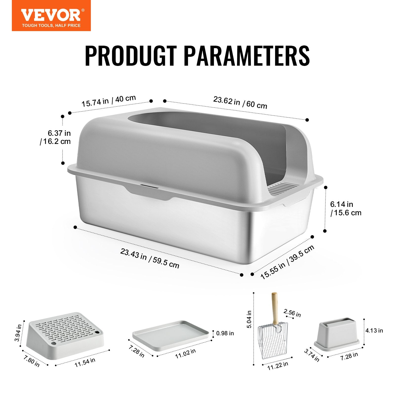 Cat Litter Box, 152 mm Deep, XL Extra Large Stainless Steel Cat Litter Box with Scoop, Wide Filtering Foot Board & High Sides, Enclosed Odor-Free Easy-to-Clean Litter Box, Fit for Big Cats
