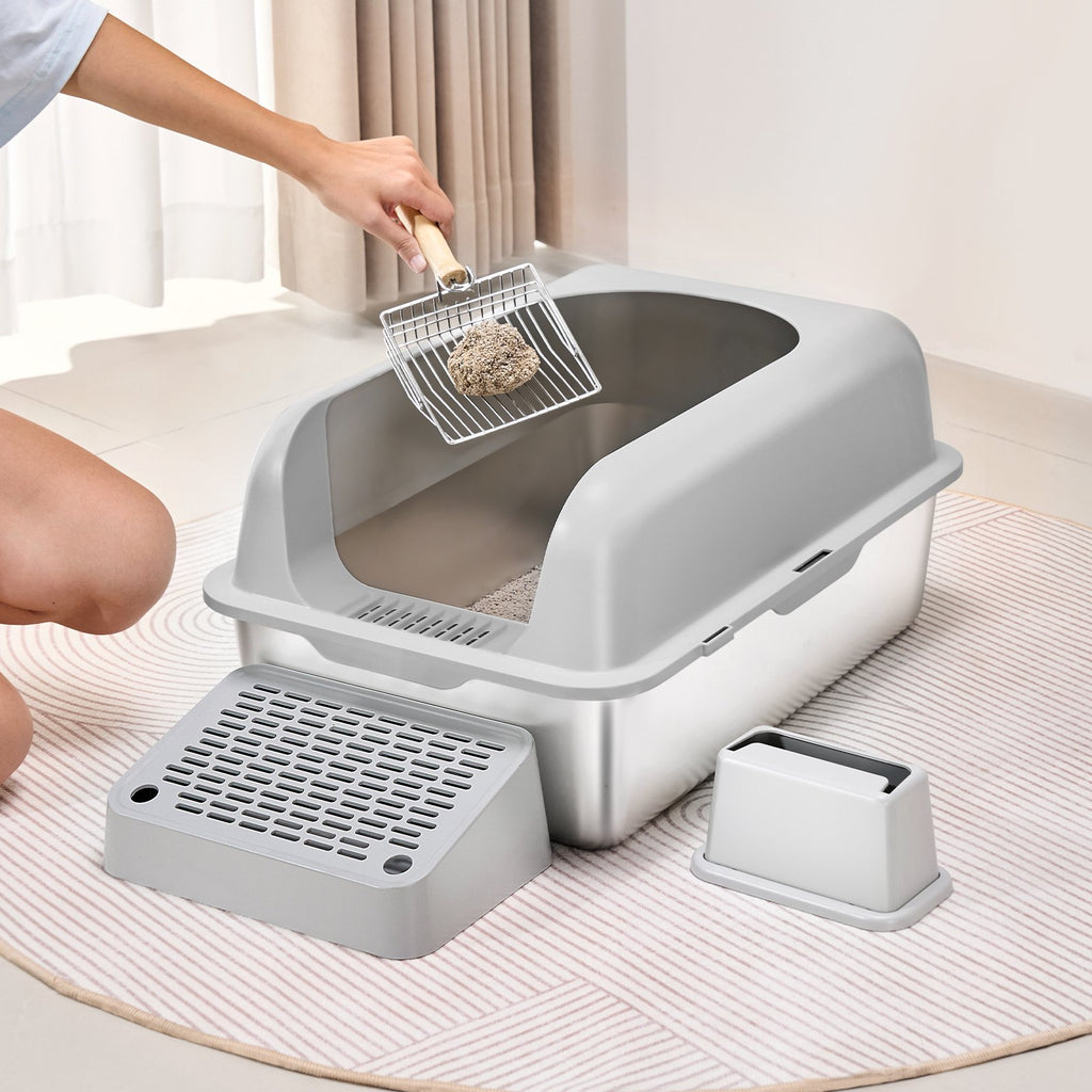 Cat Litter Box, 152 mm Deep, XL Extra Large Stainless Steel Cat Litter Box with Scoop, Wide Filtering Foot Board & High Sides, Enclosed Odor-Free Easy-to-Clean Litter Box, Fit for Big Cats