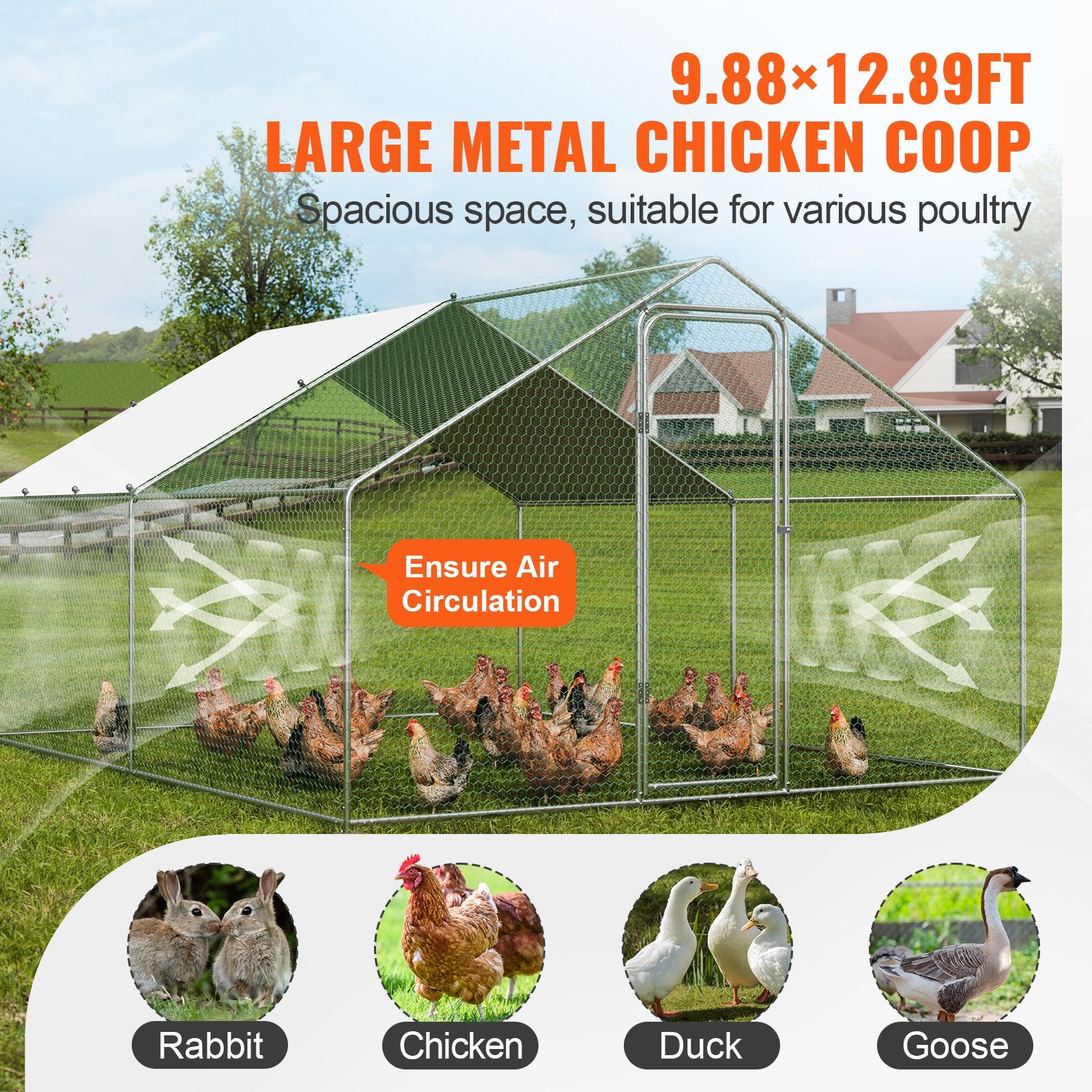 Large Metal Chicken Coop, 3x3.93x1.99 m Walk-in Chicken Runs for Yard with Cover, Spire Roof Hen House with Security Lock for Outdoor and Backyard, Farm, Duck Rabbit Cage Poultry Pen
