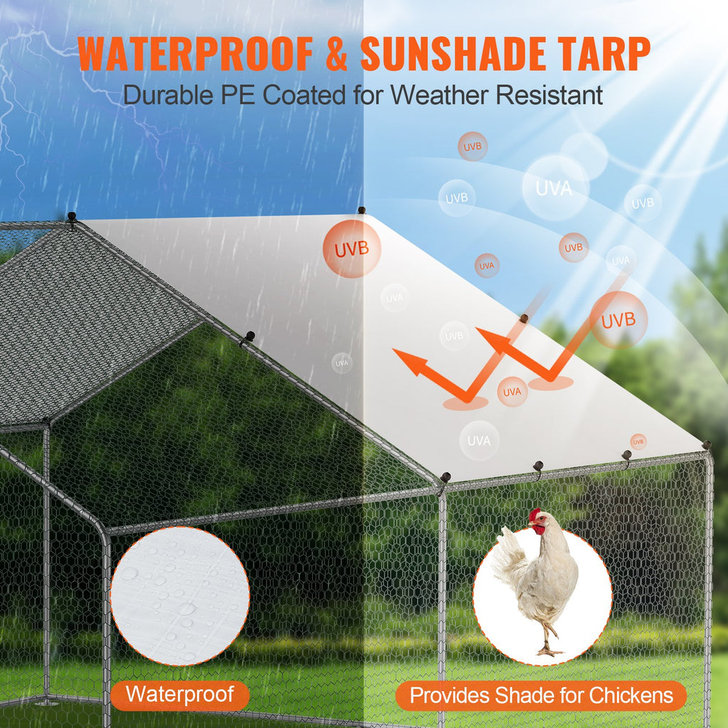 Large Metal Chicken Coop, 3x3.93x1.99 m Walk-in Chicken Runs for Yard with Cover, Spire Roof Hen House with Security Lock for Outdoor and Backyard, Farm, Duck Rabbit Cage Poultry Pen