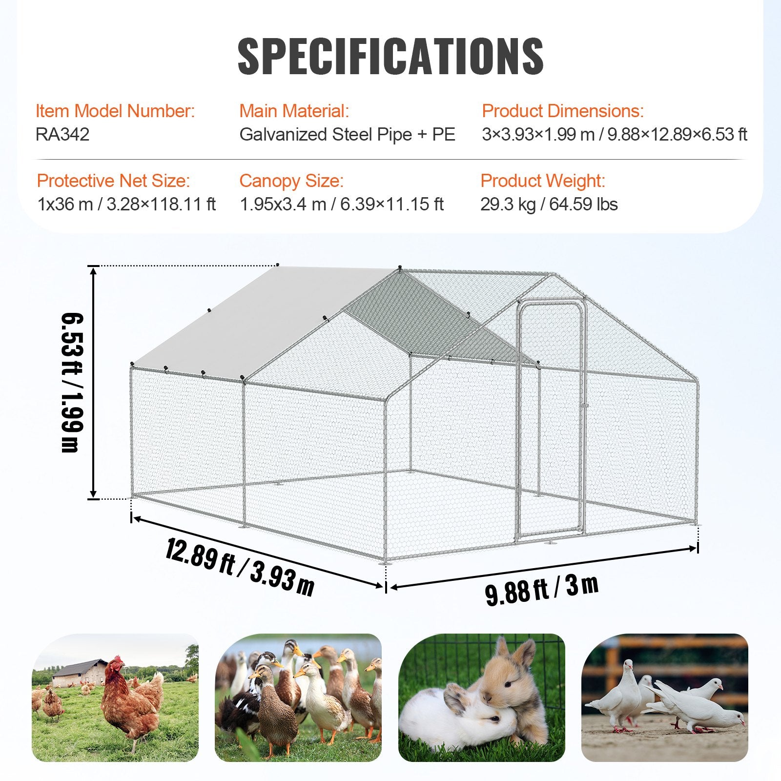 Large Metal Chicken Coop, 3x3.93x1.99 m Walk-in Chicken Runs for Yard with Cover, Spire Roof Hen House with Security Lock for Outdoor and Backyard, Farm, Duck Rabbit Cage Poultry Pen