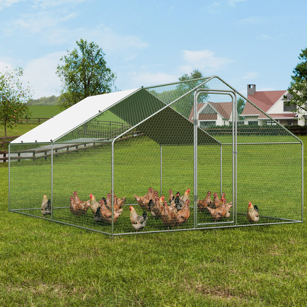 Large Metal Chicken Coop, 3x3.93x1.99 m Walk-in Chicken Runs for Yard with Cover, Spire Roof Hen House with Security Lock for Outdoor and Backyard, Farm, Duck Rabbit Cage Poultry Pen