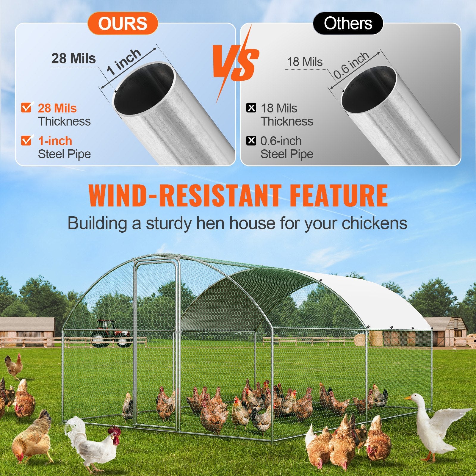 Large Metal Chicken Coop, 9.8x12.9x6.5 ft Walk in Chicken Run for Yard with Waterproof Cover, Doom Roof Hen House with Security Lock for Outdoor and Backyard, Farm, Duck Rabbit Cage Poultry Pen