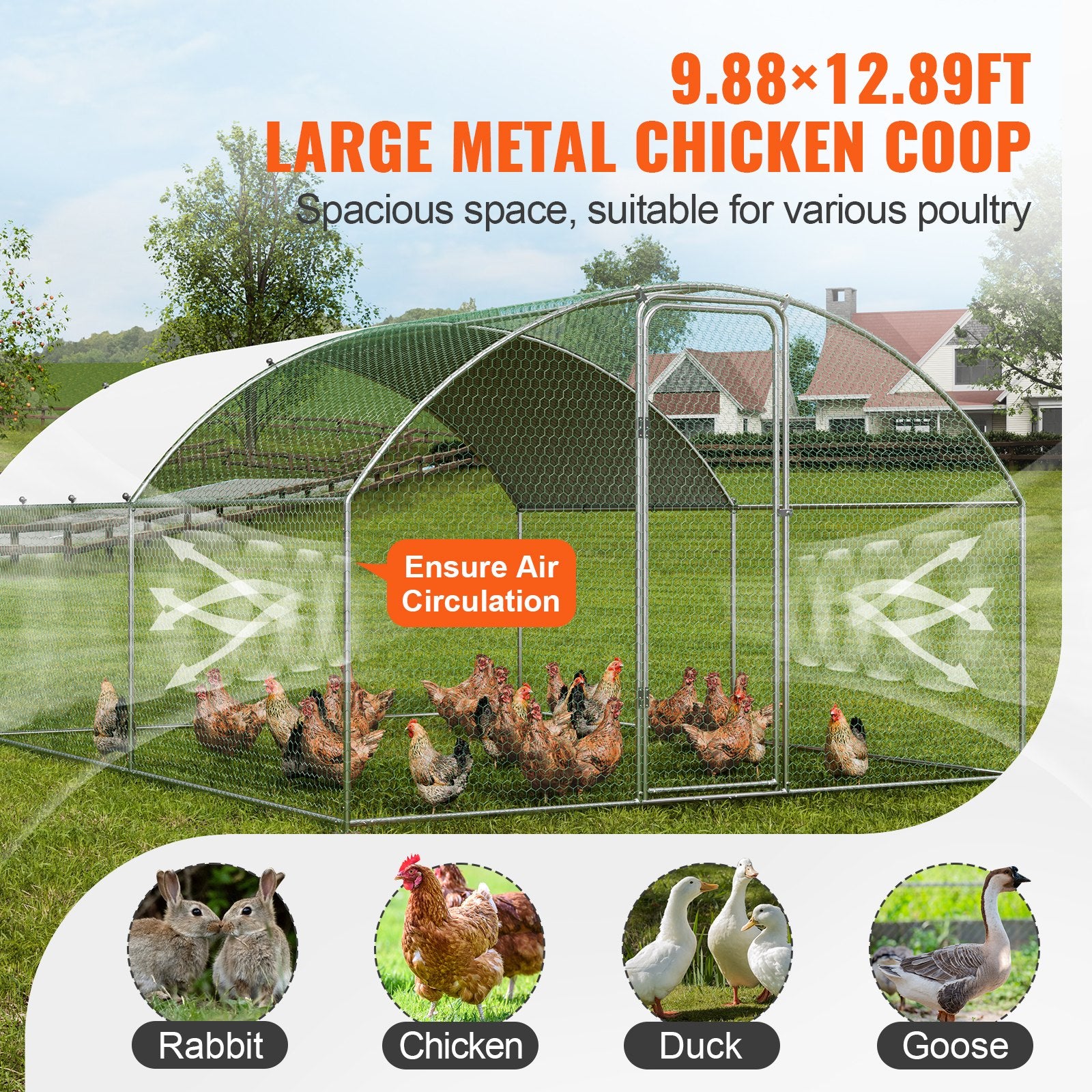 Large Metal Chicken Coop, 9.8x12.9x6.5 ft Walk in Chicken Run for Yard with Waterproof Cover, Doom Roof Hen House with Security Lock for Outdoor and Backyard, Farm, Duck Rabbit Cage Poultry Pen