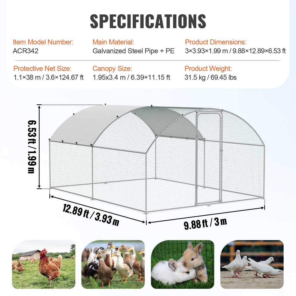 Large Metal Chicken Coop, 9.8x12.9x6.5 ft Walk in Chicken Run for Yard with Waterproof Cover, Doom Roof Hen House with Security Lock for Outdoor and Backyard, Farm, Duck Rabbit Cage Poultry Pen