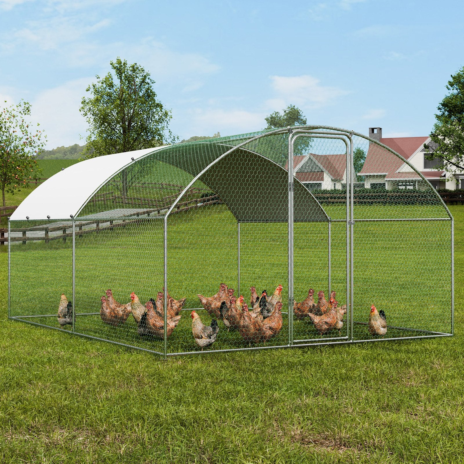 Large Metal Chicken Coop, 9.8x12.9x6.5 ft Walk in Chicken Run for Yard with Waterproof Cover, Doom Roof Hen House with Security Lock for Outdoor and Backyard, Farm, Duck Rabbit Cage Poultry Pen