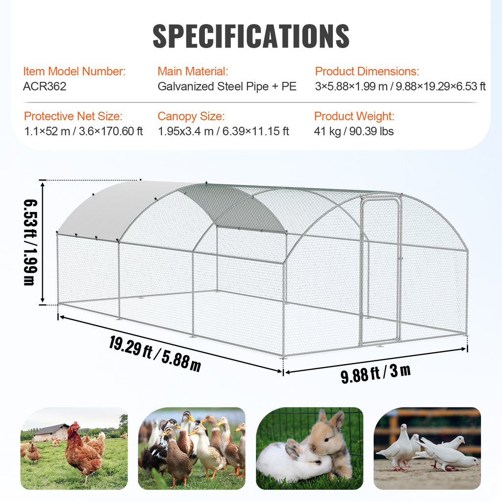 Large Metal Chicken Coop with Run, 9.8x19.3x6.5 ft Walk-in Chicken Runs for Yard with Cover, Doom Roof Hen House with Security Lock for Outdoor and Backyard, Farm, Duck Rabbit Cage Poultry Pen