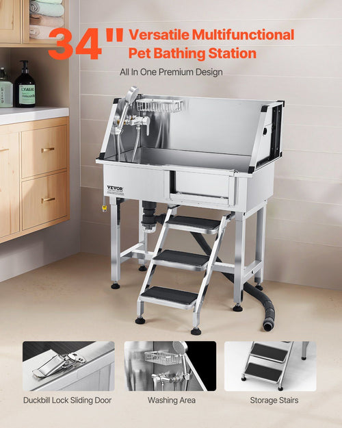 86.4 cm Dog Washing Station, Stainless Steel Pet Grooming Tub Bathtub, Professional Dog Wash Sink with Shower, Faucet, Soap Holder, Non-Slip Stairs Easy-Clean for Small Pets Cats (Right Door)