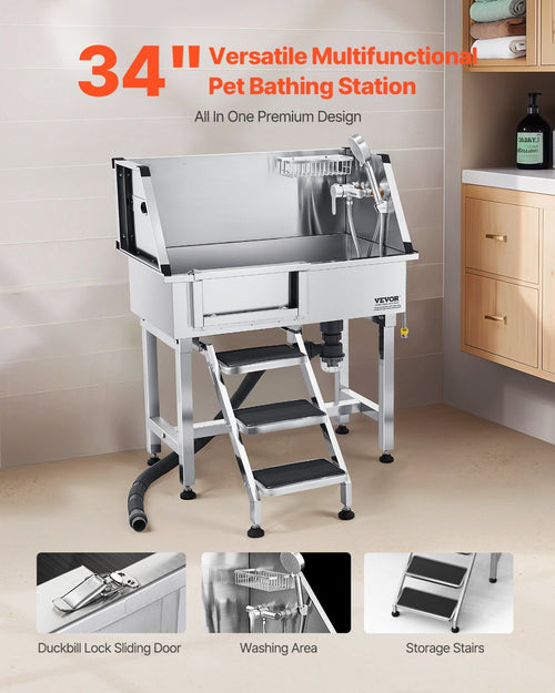 86.4 cm Dog Washing Station, Stainless Steel Pet Grooming Tub Bathtub, Professional Dog Wash Sink with Shower, Faucet, Soap Holder, Non-Slip Stairs Easy-Clean for Small Pets Cats (Left Door)
