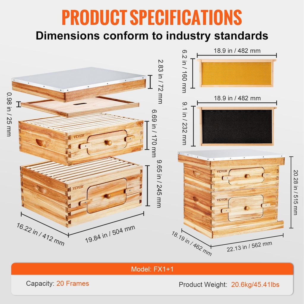 Bee Hive 20 Frame Bee Hives Starter Kit, Beeswax Coated Cedar Wood, 1 Deep + 1 Medium Bee Boxes Langstroth Beehive Kit, Transparent Acrylic Windows with Foundations for Beginners Pro Beekeepers