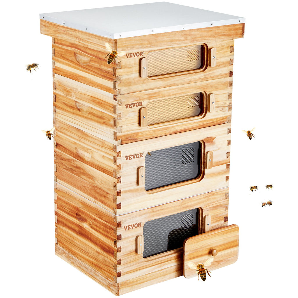 Bee Hive 40 Frame Bee Hives Starter Kit, Beeswax Coated Cedar Wood, 2 Deep + 2 Medium Bee Boxes Langstroth Beehive Kit, Transparent Acrylic Windows with Foundations for Beginners Pro Beekeepers