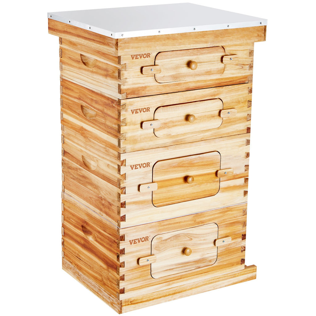 Bee Hive 40 Frame Bee Hives Starter Kit, Beeswax Coated Cedar Wood, 2 Deep + 2 Medium Bee Boxes Langstroth Beehive Kit, Transparent Acrylic Windows with Foundations for Beginners Pro Beekeepers