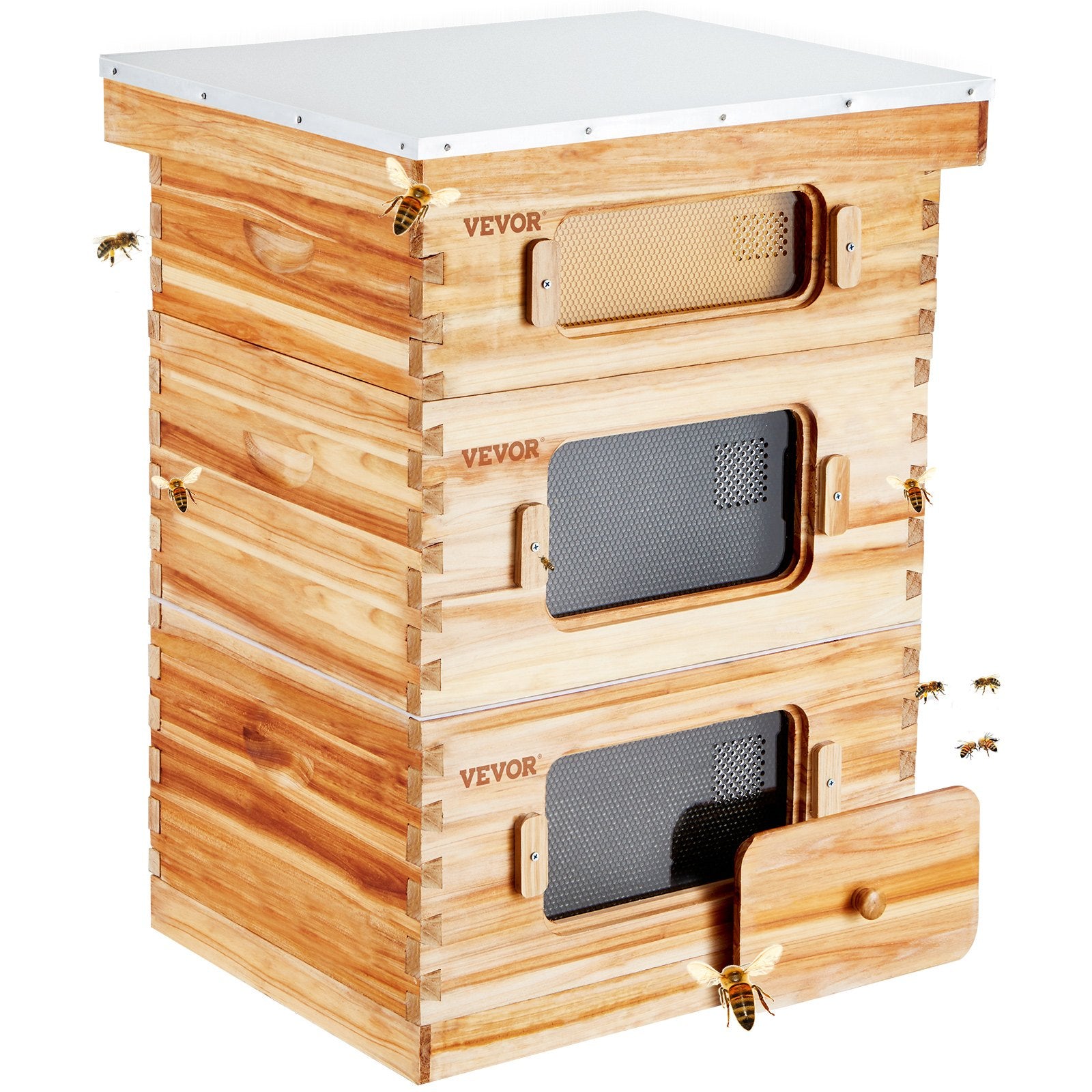 Bee Hive 30 Frame Bee Hives Starter Kit, Beeswax Coated Fir Wood, 2 Deep + 1 Medium Bee Boxes Langstroth Beehive Kit, Transparent Acrylic Windows with Foundations for Beginners Pro Beekeepers