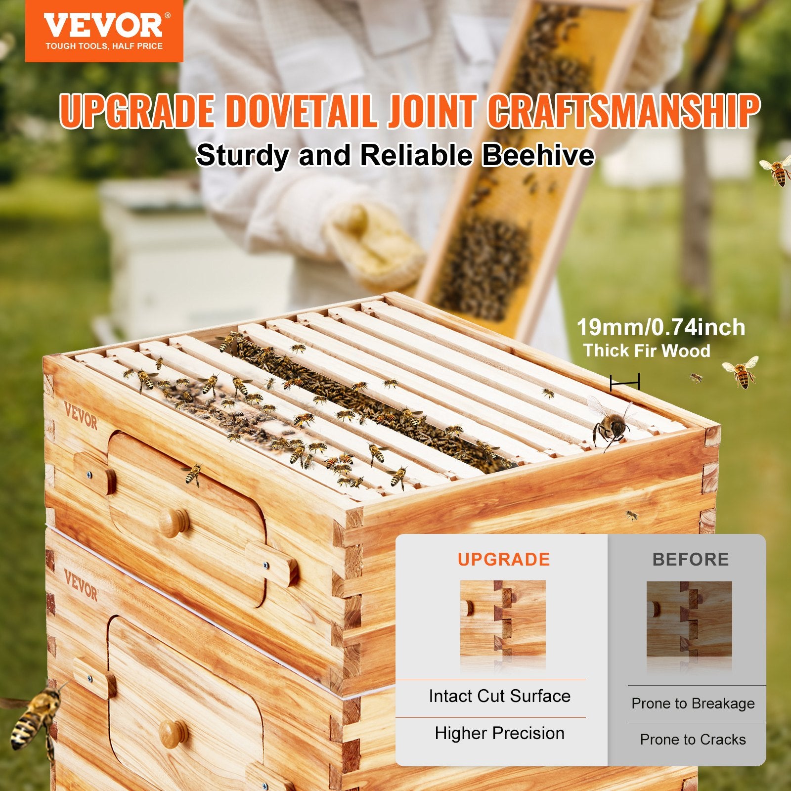 Bee Hive 30 Frame Bee Hives Starter Kit, Beeswax Coated Fir Wood, 2 Deep + 1 Medium Bee Boxes Langstroth Beehive Kit, Transparent Acrylic Windows with Foundations for Beginners Pro Beekeepers