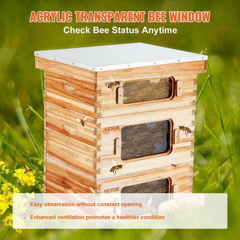 Bee Hive 30 Frame Bee Hives Starter Kit, Beeswax Coated Fir Wood, 2 Deep + 1 Medium Bee Boxes Langstroth Beehive Kit, Transparent Acrylic Windows with Foundations for Beginners Pro Beekeepers
