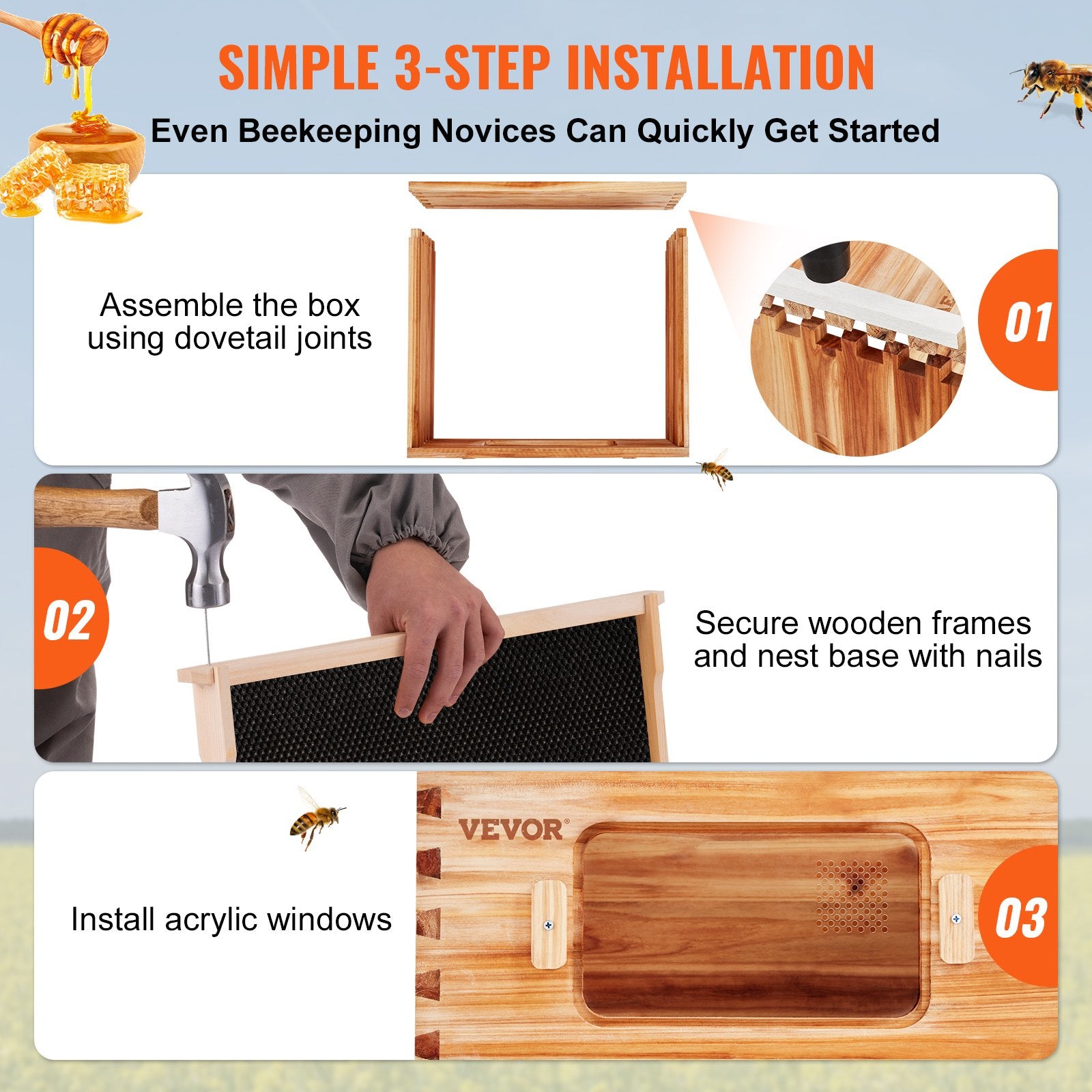 Bee Hive 30 Frame Bee Hives Starter Kit, Beeswax Coated Fir Wood, 2 Deep + 1 Medium Bee Boxes Langstroth Beehive Kit, Transparent Acrylic Windows with Foundations for Beginners Pro Beekeepers