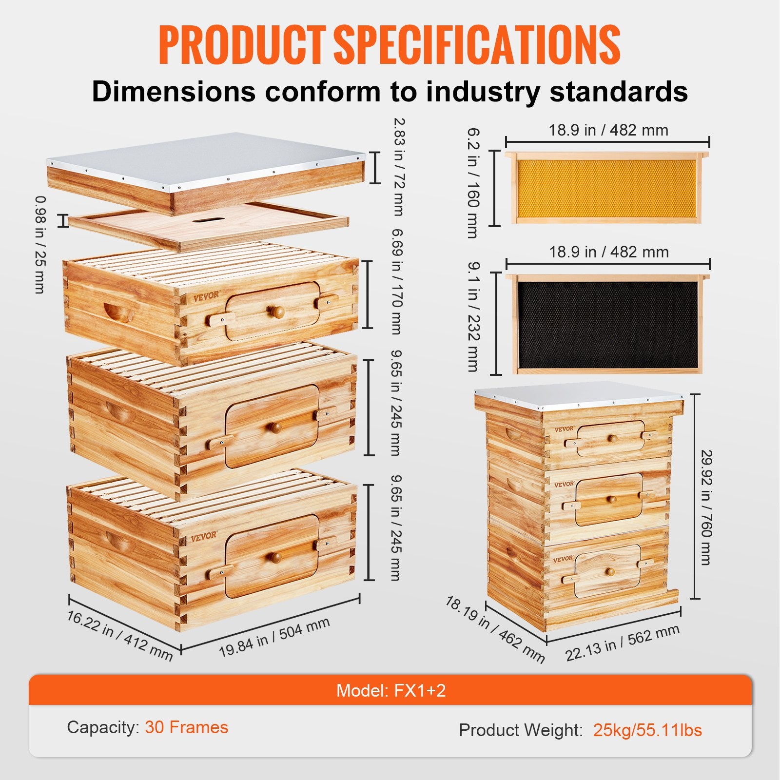 Bee Hive 30 Frame Bee Hives Starter Kit, Beeswax Coated Fir Wood, 2 Deep + 1 Medium Bee Boxes Langstroth Beehive Kit, Transparent Acrylic Windows with Foundations for Beginners Pro Beekeepers