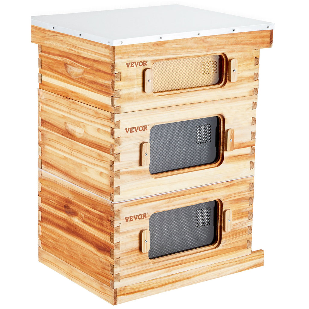 Bee Hive 30 Frame Bee Hives Starter Kit, Beeswax Coated Fir Wood, 2 Deep + 1 Medium Bee Boxes Langstroth Beehive Kit, Transparent Acrylic Windows with Foundations for Beginners Pro Beekeepers