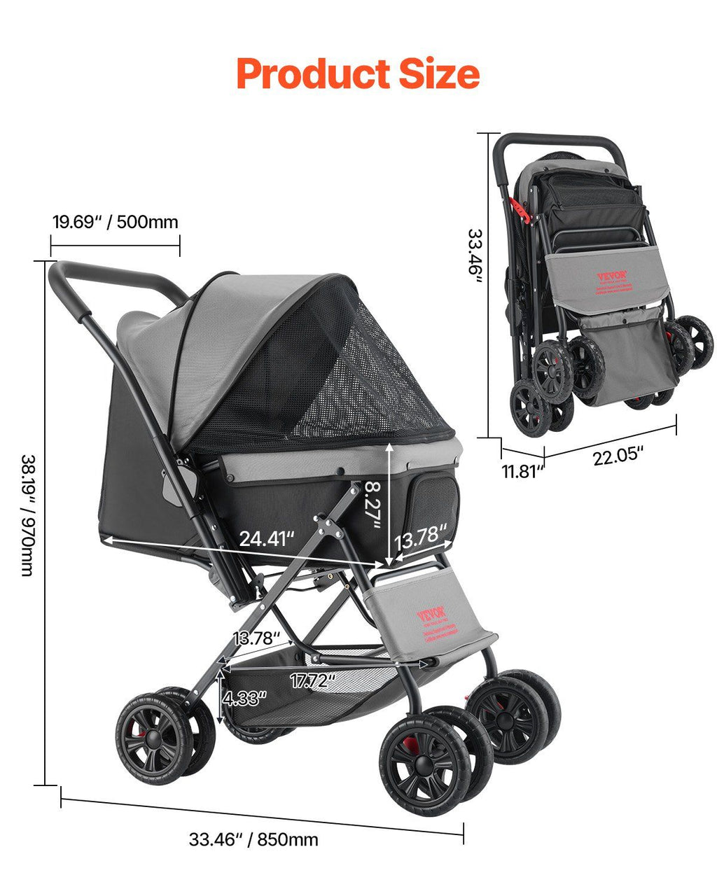 Pet Stroller, 20KG Weight Capacity, Foldable Dog Stroller Cart, 4 Wheels Cats Stroller with Mesh Windows & Revrsible Handle, Portable Pet Carrier Stroller with Brake, for Small to Medium Pets