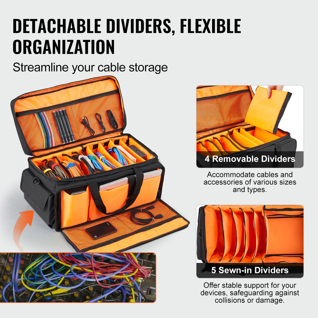 DJ Cable File Bag, 1200D Oxford Fabric, DJ Gig Bag with 9 Detachable Divider 4.92 ft Padded Shoulder Strap Plastic Bottom Pad, 600 x 300 x 325 mm DJ Wire Bag for DJ Gear Musical Accessories