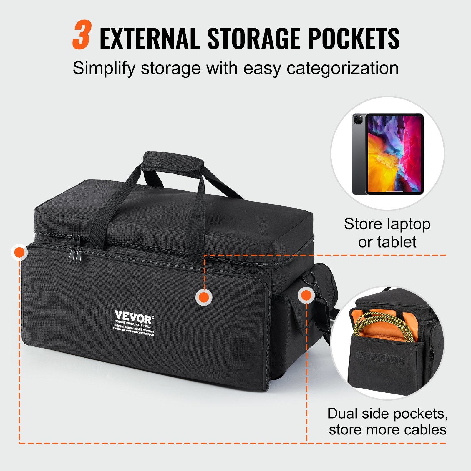 DJ Cable File Bag, 1200D Oxford Fabric, DJ Gig Bag with 9 Detachable Divider 4.92 ft Padded Shoulder Strap Plastic Bottom Pad, 600 x 300 x 325 mm DJ Wire Bag for DJ Gear Musical Accessories