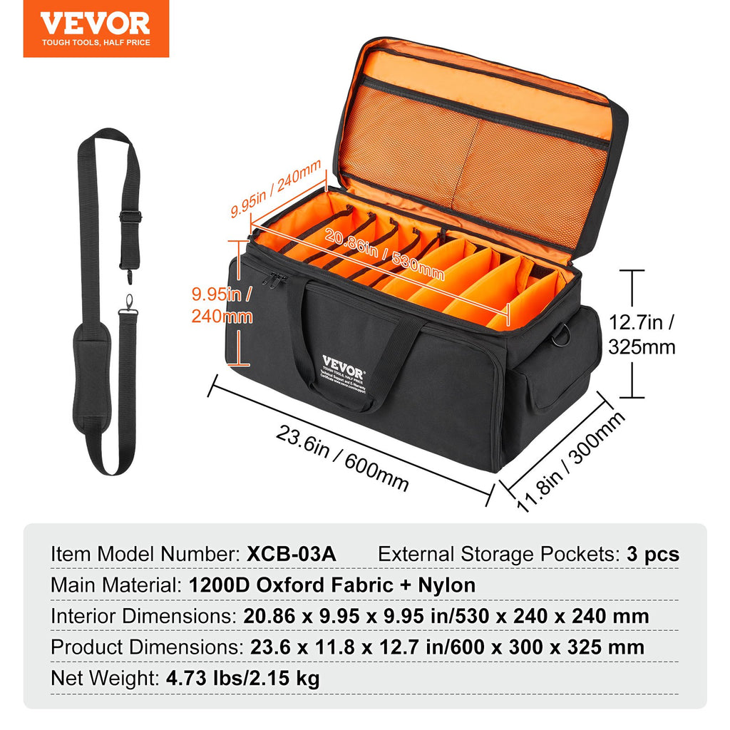 DJ Cable File Bag, 1200D Oxford Fabric, DJ Gig Bag with 9 Detachable Divider 4.92 ft Padded Shoulder Strap Plastic Bottom Pad, 600 x 300 x 325 mm DJ Wire Bag for DJ Gear Musical Accessories