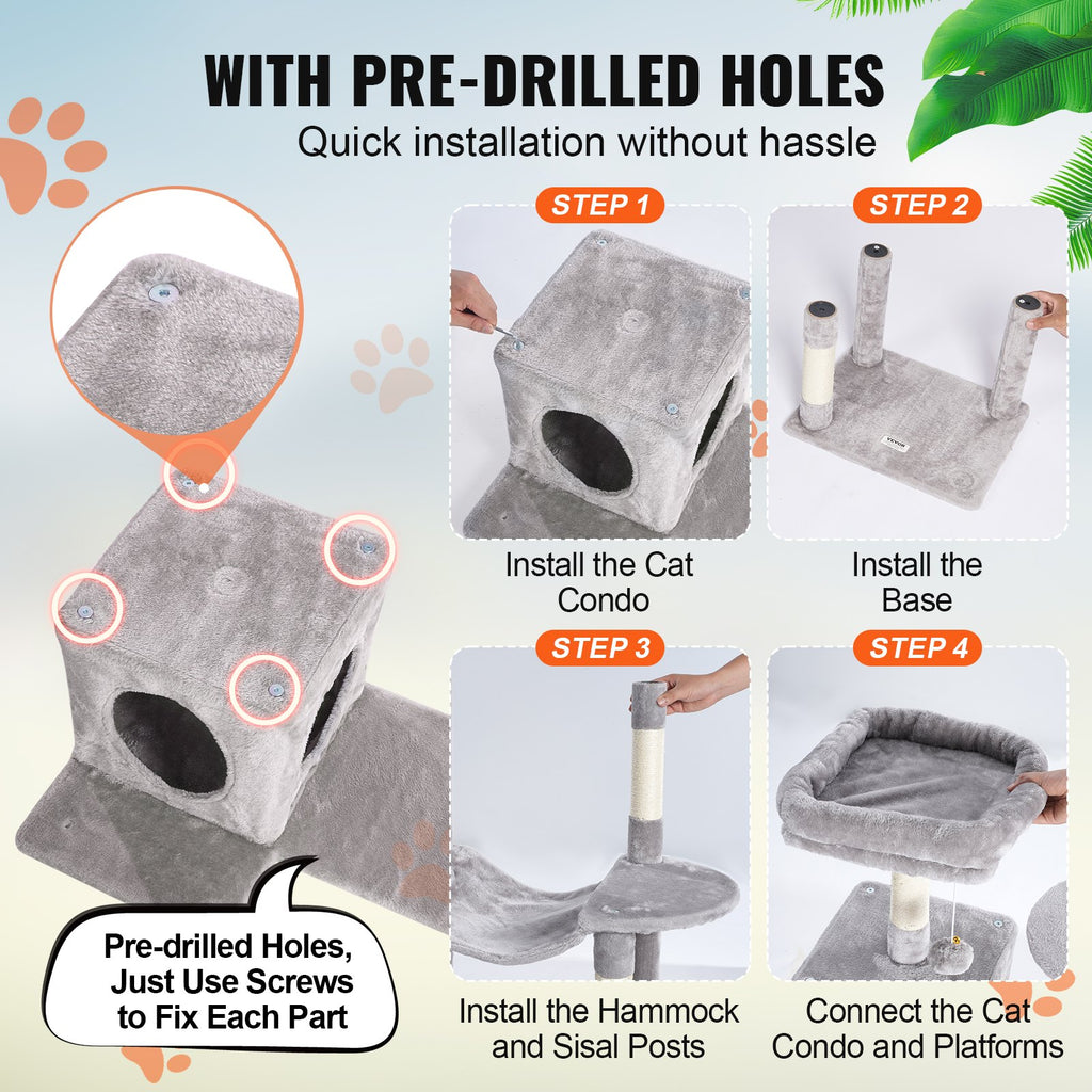 Cat Tree 143 cm Cat Tower with Cat Condo Sisal Scratching Post Light Grey