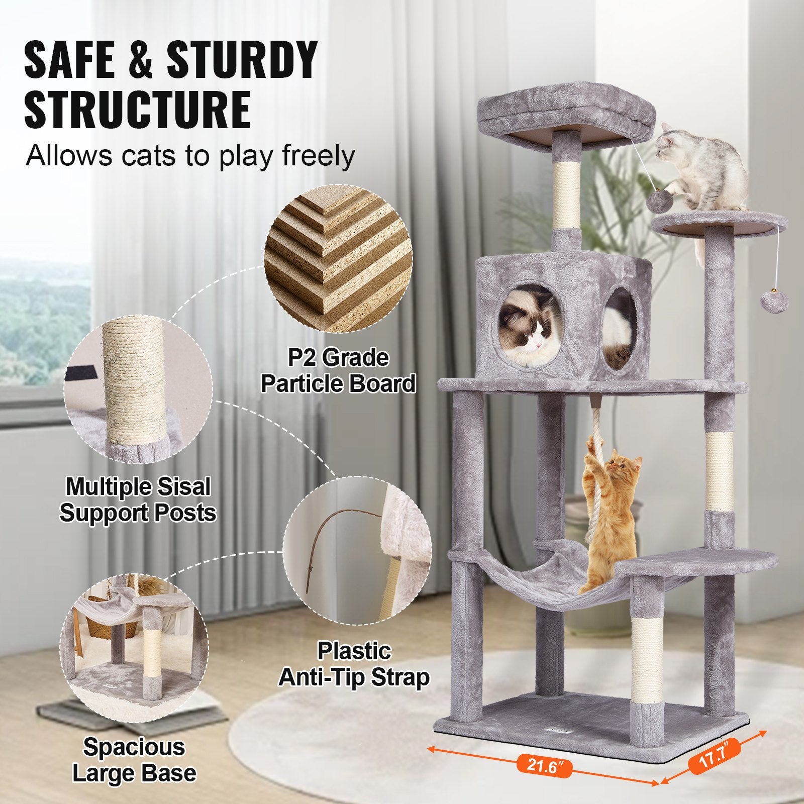 Cat Tree 143 cm Cat Tower with Cat Condo Sisal Scratching Post Light Grey