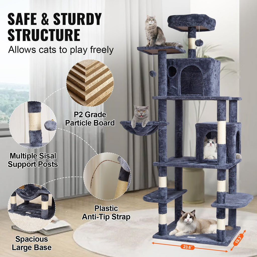 Cat Tree 174 cm Cat Tower with Cat Condos Sisal Scratching Post Dark Grey
