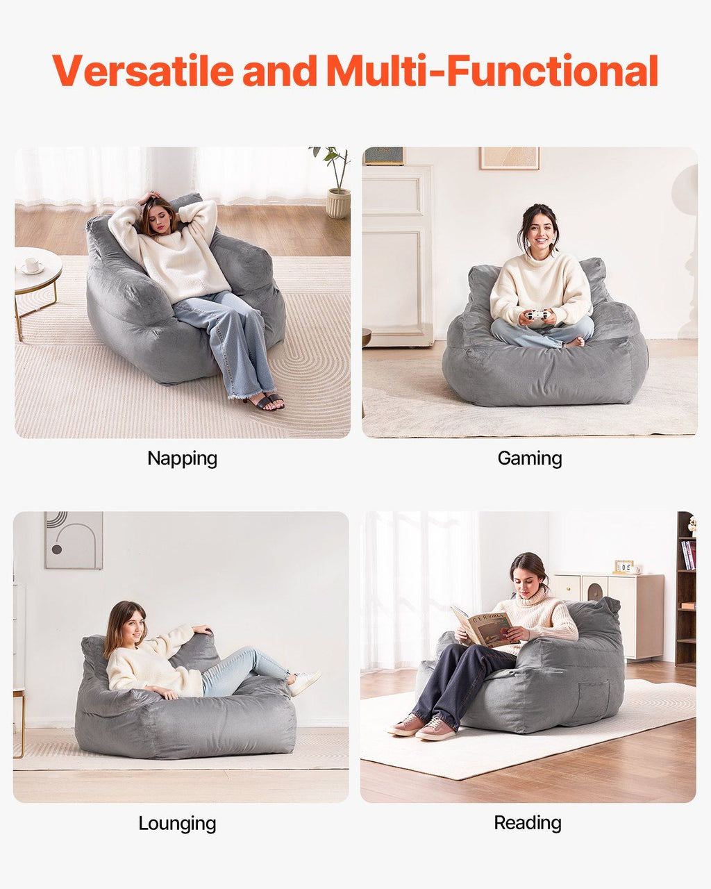 Bean Bag Chair, BeanBag Sofa Chair with Armrests for Adults, Fluffy Plush & High-Density Foam Filling Adult Bean Bag with Zapper, Comfy Lazy Sofa Chair Ideal for Living Room, Bedroom, Grey