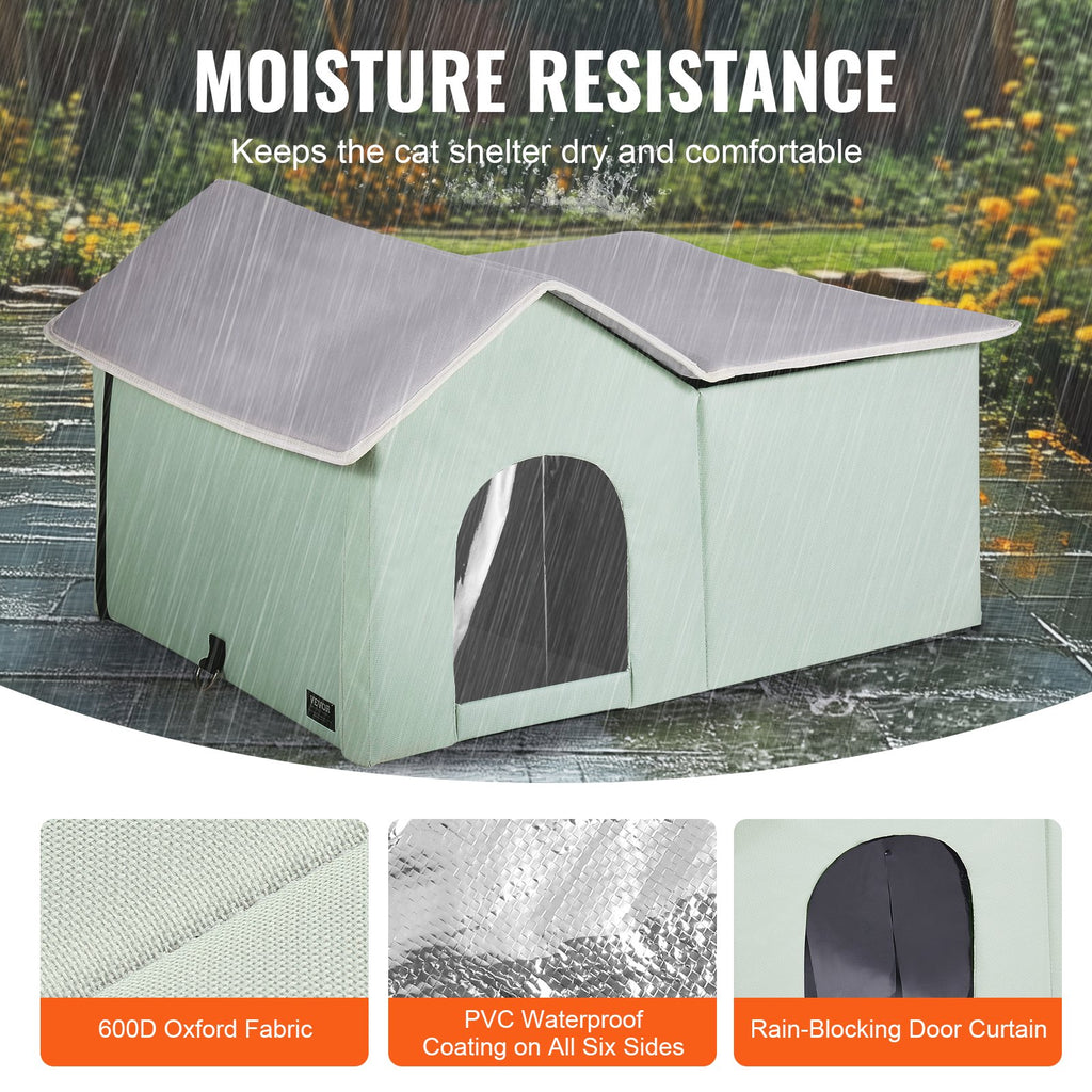 Heated Cat House, Outdoor Kitty Shelter with Adjustable Temperature and Timer, 600D Oxford Cloth Foldable Cat Shelter with Heated Pad for Winter to Stay Warm and Cozy, Green (Large)