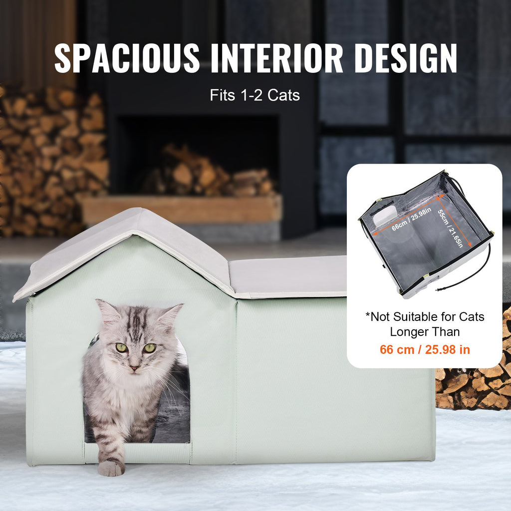 Heated Cat House, Outdoor Kitty Shelter with Adjustable Temperature and Timer, 600D Oxford Cloth Foldable Cat Shelter with Heated Pad for Winter to Stay Warm and Cozy, Green (Large)