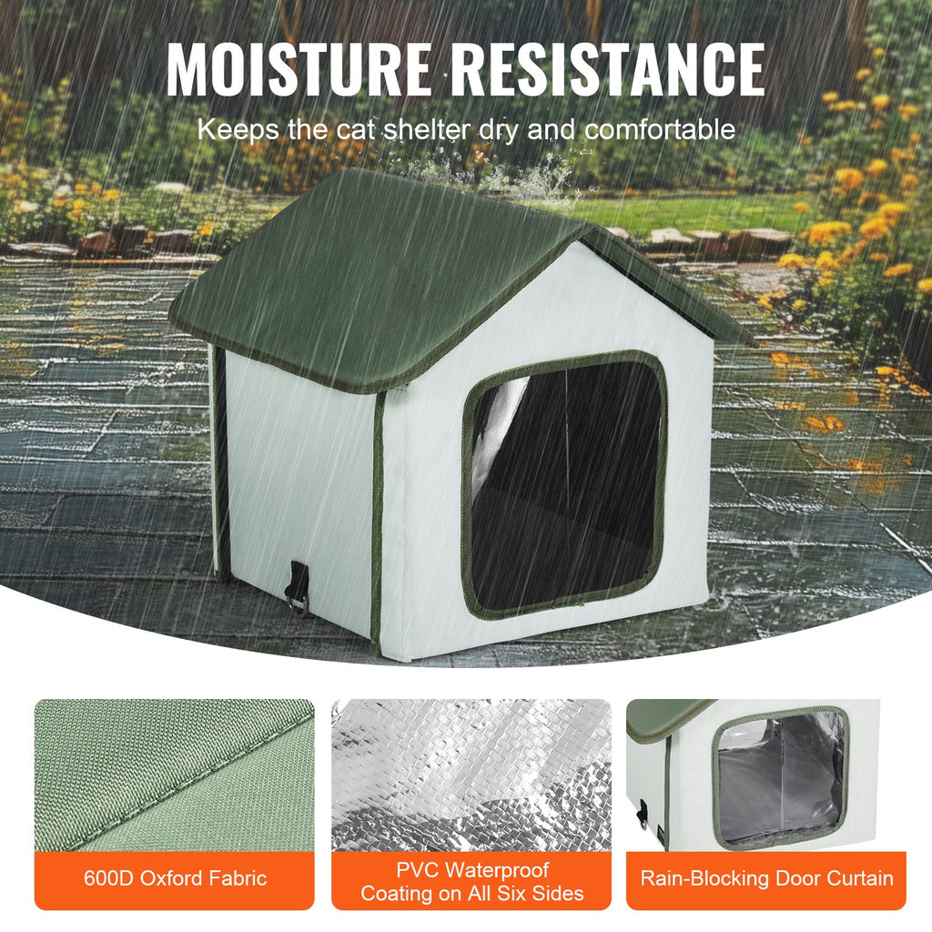 Elevated Heated Cat House, Outdoor Kitty Shelter with Timer, 600D Oxford Cloth Foldable Cat Shelter with Heated Pad for Winter to Stay Warm and Cozy, Green (Small)