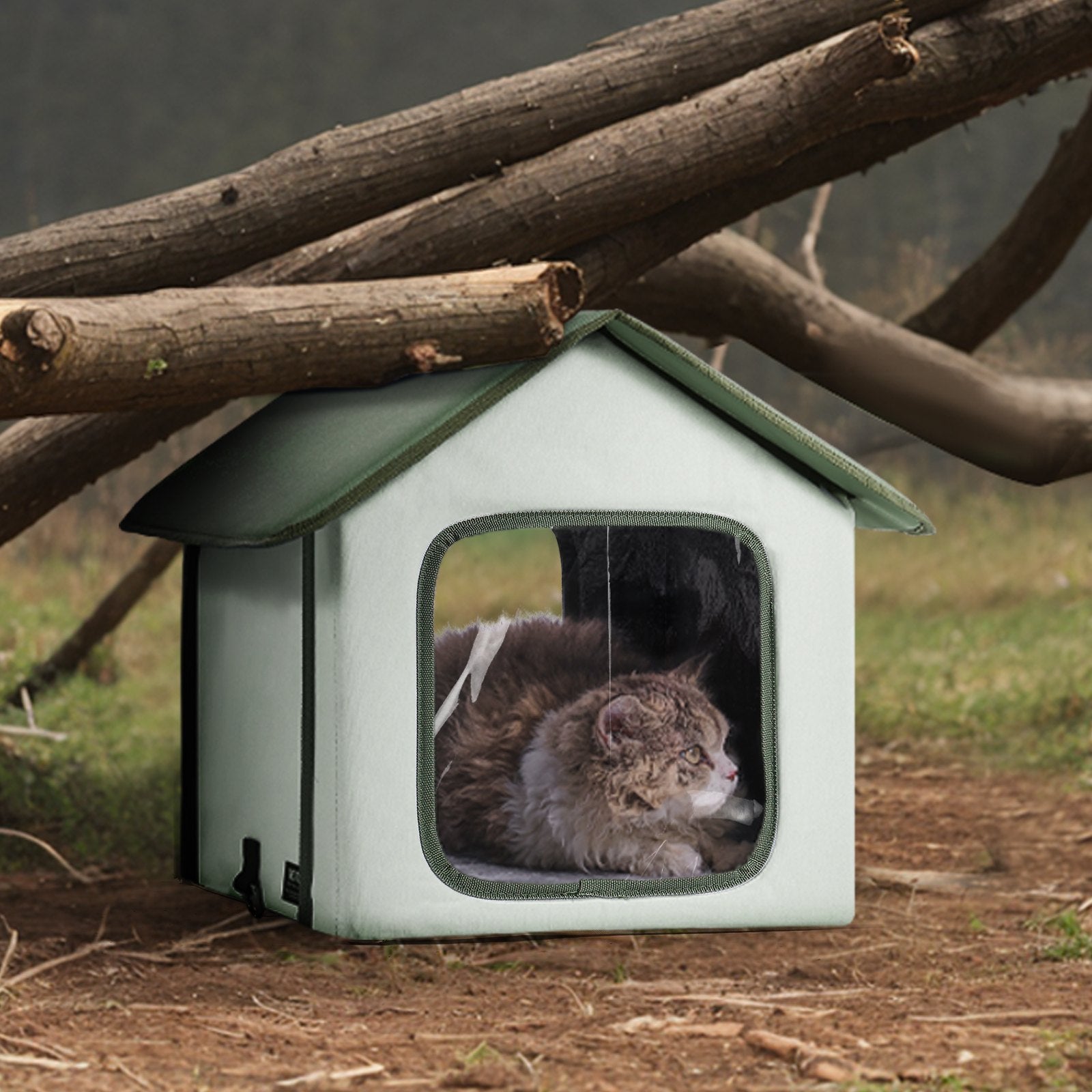 Elevated Heated Cat House, Outdoor Kitty Shelter with Timer, 600D Oxford Cloth Foldable Cat Shelter with Heated Pad for Winter to Stay Warm and Cozy, Green (Small)