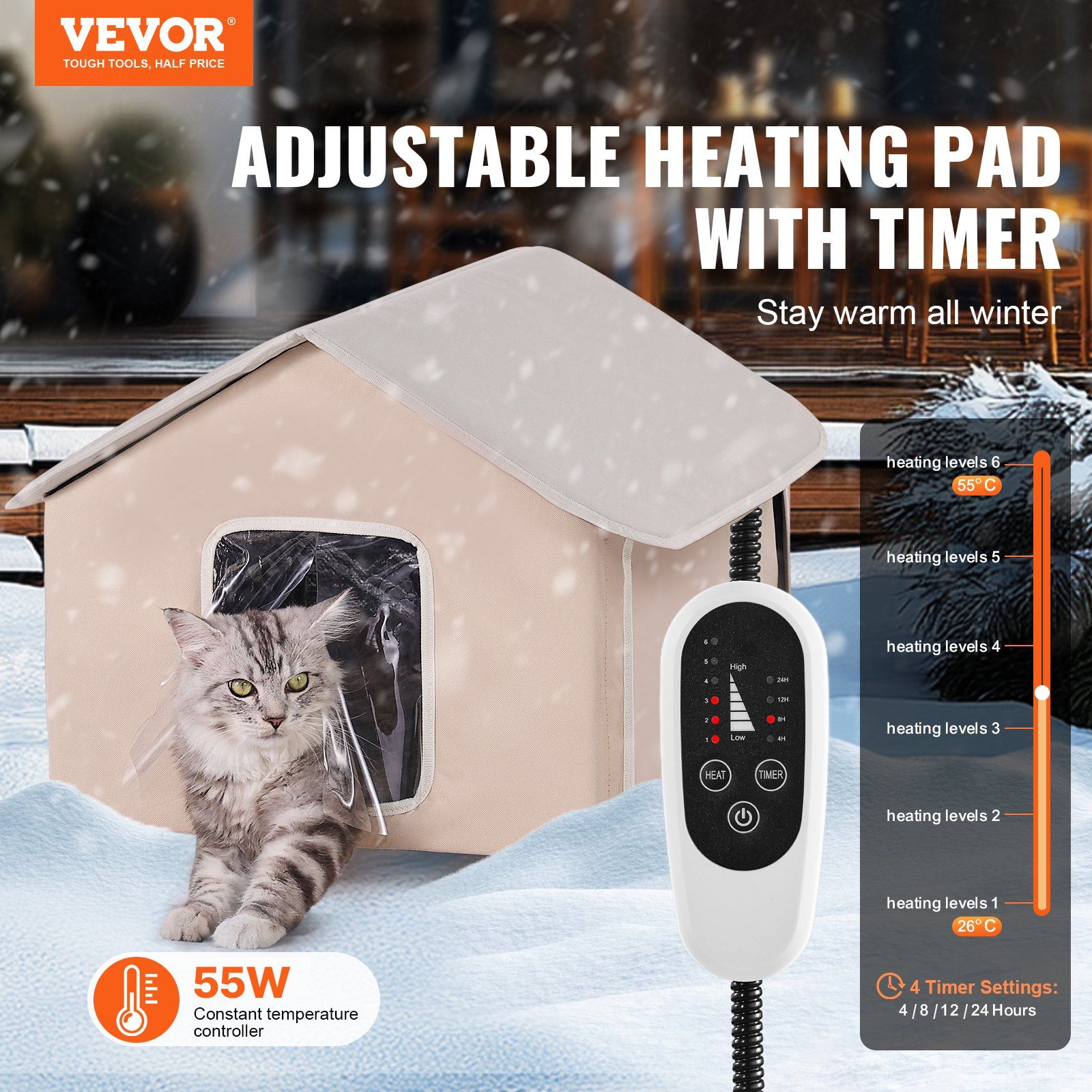 Elevated Heated Cat House, Outdoor Kitty Shelter with Timer, 600D Oxford Cloth Foldable Cat Shelter with Heated Pad for Winter to Stay Warm and Cozy, Brown (Middle)